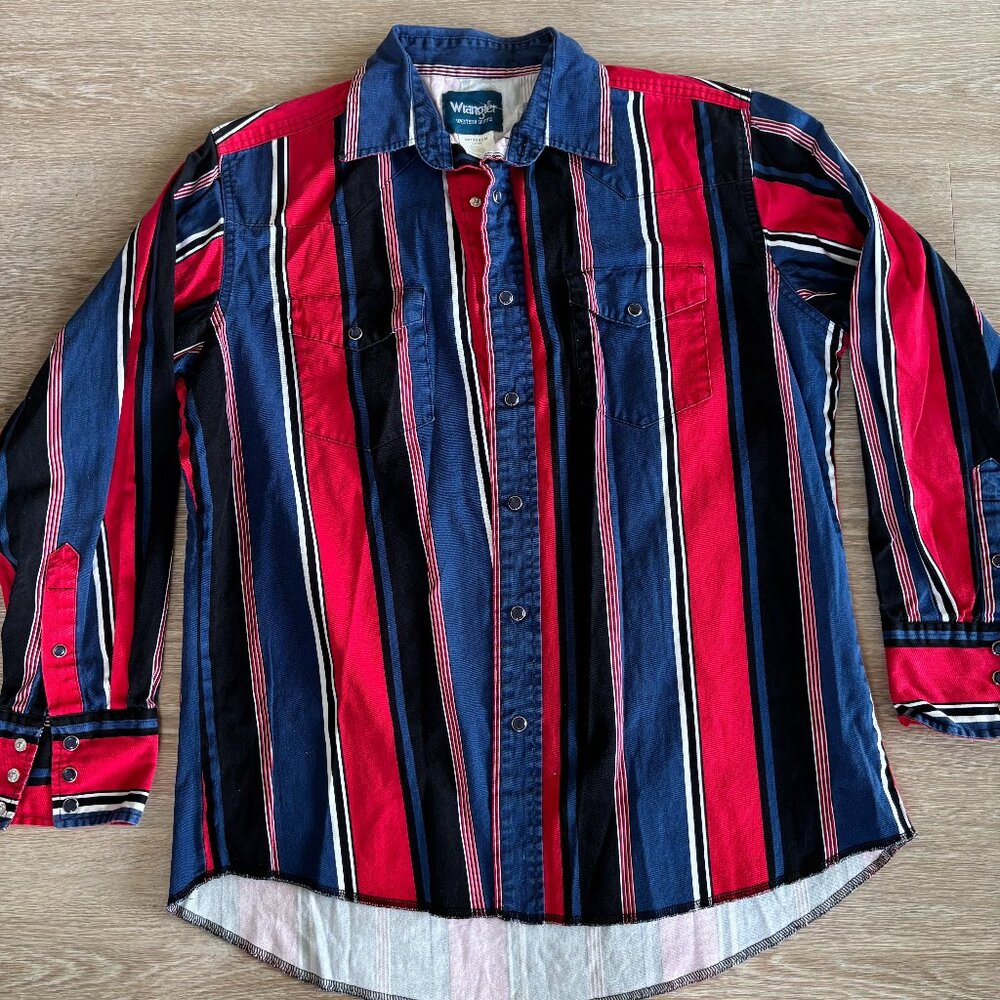 Mens Striped Wrangler Vintage Button Up - Size L - Black / Red / Navy Blue